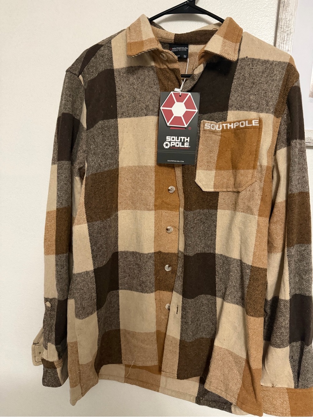 South Pole Men's Brown and Cream Plaid Button-Down Shirt